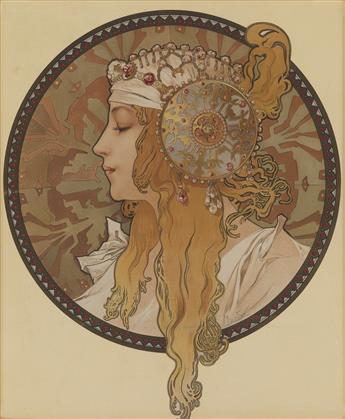ALPHONSE MUCHA (1860-1939). [TÊTES BYZANTINE.] Two decorative panels. Circa 1897. Each approximately 14x13 inches, 35x33 cm. [F. Champe